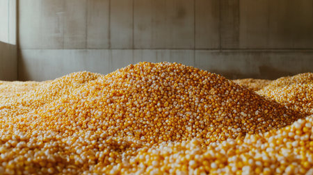 Piles of harvested corn kernels ready for processing, with space for text or branding in the backgroundの素材