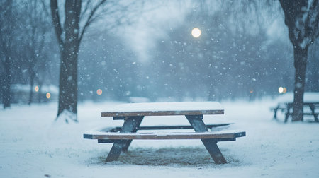 Snow-covered picnic table in an empty park with space for copy in the snowy sceneの素材