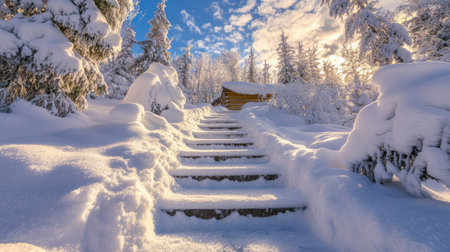 Snow-covered steps leading up to a winter cabin with space for copy in the skyの素材