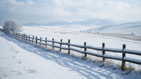 Snow-covered fence and rolling hills in the background, large open space for textの素材