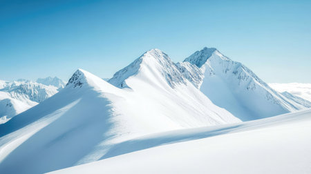 Snow-covered mountain peaks against a bright blue sky with room for copyの素材