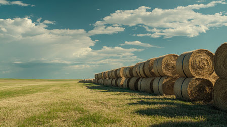 Stacked hay bales in an open field, with plenty of sky for copy space. No people or animals visibleの素材