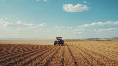Tractor planting seeds in a vast field, with open sky providing space for copy. No people in the sceneの素材