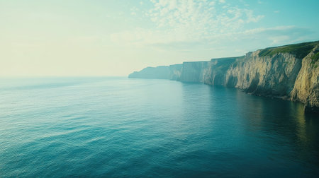 The tranquil sea along a European coastline with cliffs and space for copy in the sky. No people in the sceneの素材