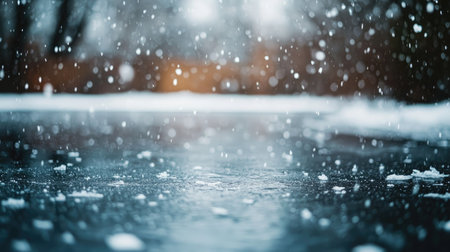 Snowflakes falling gently on a frozen pond with a large open space for copyの素材