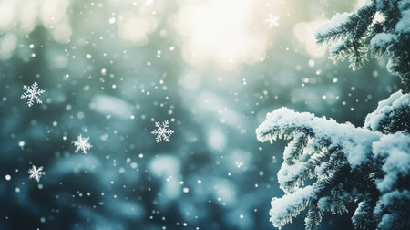 Snowflakes falling gently in front of a blurred winter forest, space for text at the topの素材