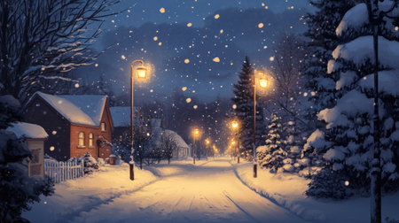 Winter night with snow-covered streetlights illuminating a quiet town, space for copyの素材