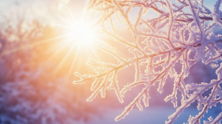 Winter sun shining through frosty tree branches with open sky for text or designの素材