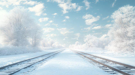 Winter scene of snow-covered train tracks with a large blank sky for textの素材