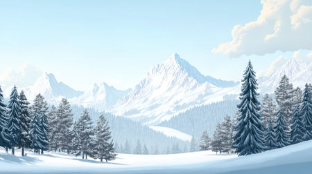 Winter mountain landscape with a clear sky and snow-covered trees, offering space for textの素材