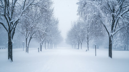 Winter snowstorm in an empty park with snow-covered trees and space for copy in the skyの素材