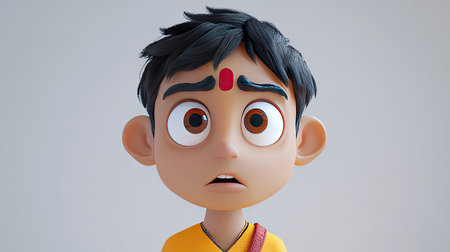 A nervous 3D Indian cartoon character with worried eyes, leaving clear space for text or brandingの素材