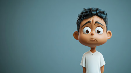 A nervous 3D Indian cartoon character with worried eyes, leaving clear space for text or brandingの素材