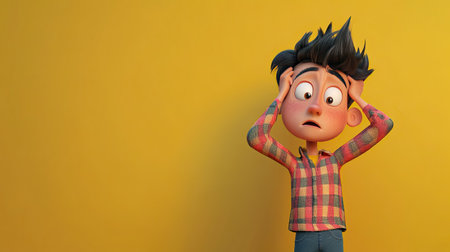 A confused 3D Indian cartoon character scratching his head, with plenty of space for copy around himの素材