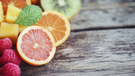 Close-up of summer fruit slices on a wooden table, leaving space for textの素材