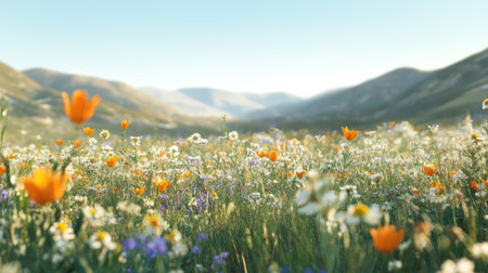 Close-up of wildflowers in a European meadow, with rolling hills and clear sky for copy spaceの素材