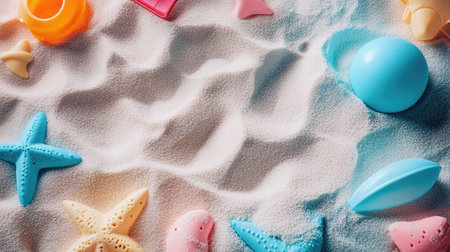 Close-up of colorful beach toys in the sand, with space for text or brandingの素材