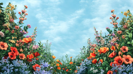 A lush summer garden with colorful flowers, with space for copy in the skyの素材