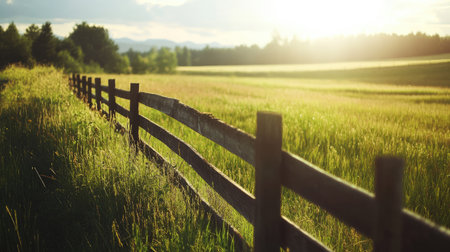 A quiet country field with a wooden fence under the summer sun, with space for textの素材