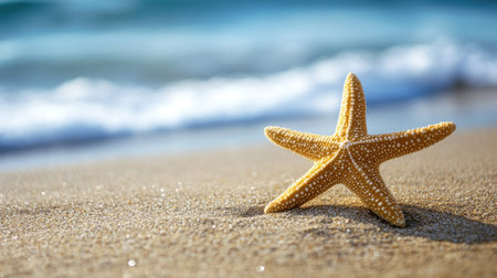 A lone starfish resting on a sandy shore, leaving ample space for copyの素材