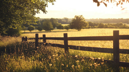 A quiet country field with a wooden fence under the summer sun, with space for textの素材