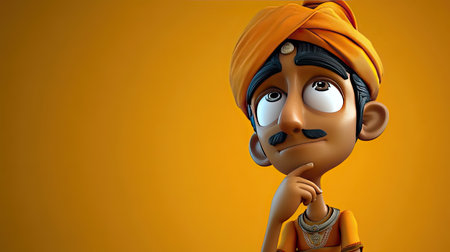 3D Indian cartoon character thinking deeply with hand on chin, with a large area for copy or designの素材