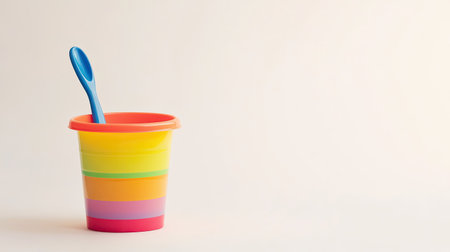 A vibrant beach pail and spade on a plain white backdrop, with plenty of space for textの素材