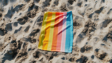 Colorful beach towel laid out on the sand, with room for copy in the surrounding areaの素材