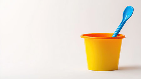 A vibrant beach pail and spade on a plain white backdrop, with plenty of space for textの素材