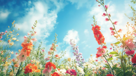 Summer garden with blooming flowers, leaving room for copy in the bright skyの素材