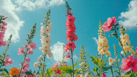 Vibrant summer flowers blooming in a park, with room for text in the blue skyの素材