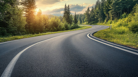 A peaceful summer road winding through a green forest, with ample space for copyの素材