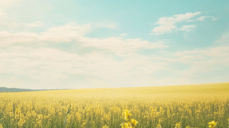 Yellow rapeseed fields in Europe under a bright sky, with plenty of space for copy or brandingの素材
