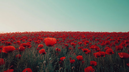 European poppy fields under a clear sky, vibrant red blooms with ample copy space in the backgroundの素材
