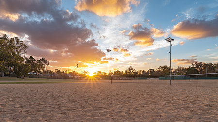 Wide shot of a beach volleyball court at sunset, with space for text in the skyの素材