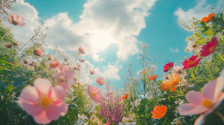 Summer garden with blooming flowers, leaving room for copy in the bright skyの素材