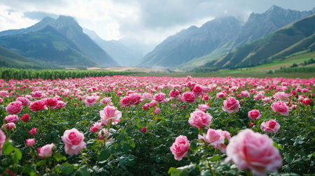 Scenic European rose fields, vivid blooms surrounded by mountains, leaving space for text or brandingの素材