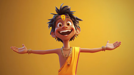 3D Indian cartoon character smiling with arms wide open, leaving room for copy in the backgroundの素材
