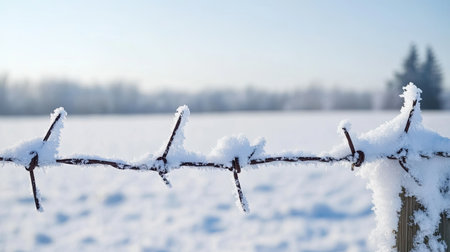 Frost-covered barbed wire fence with a snowy field in the background, large copy spaceの素材
