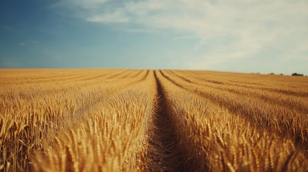 Rows of golden wheat in a sunlit field, with wide open sky above for copy space. No people visibleの素材