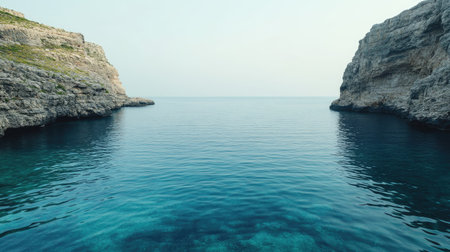 Calm European sea framed by rocky cliffs, leaving space above the water for copy. Peaceful and quiet, no people.の素材