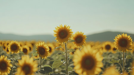 Field of sunflowers in full bloom under a clear sky, with ample space for copy. No people presentの素材