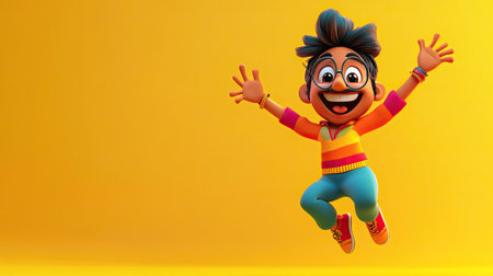 A joyful 3D Indian cartoon character jumping with joy, with space around for copy or brandingの素材
