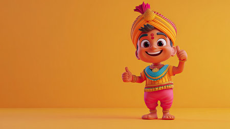 A cheerful 3D Indian cartoon character holding a thumbs-up, with empty space for text in the backgroundの素材