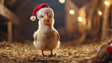 A cute chicken wearing a Santa hat, standing in a cozy barn with straw and soft lighting, leaving ample copy spaceの素材