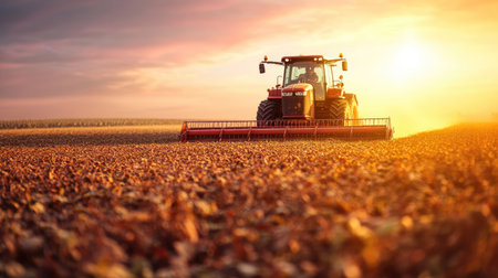 Agricultural machinery harvesting a field, with empty space for copy in the surrounding areaの素材