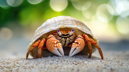 Close-up of a hermit crab peeking out from its shell, with sandy beach background and ample copy space.の素材