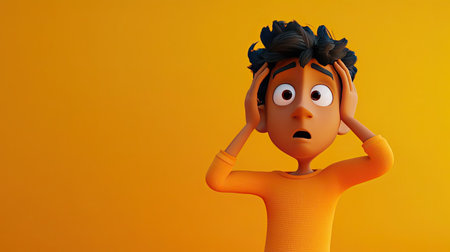 A confused 3D Indian cartoon character scratching his head, with plenty of space for copy around himの素材