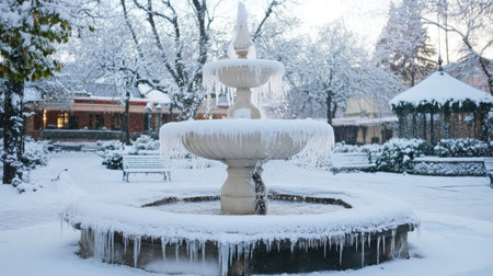 Frozen fountain in a snow-covered square with room for text or design elementsの素材