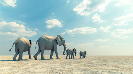 African elephant family walking across the savannah, with plenty of empty space in the background for textの素材